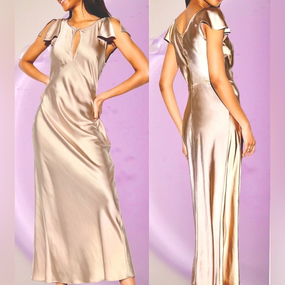 NWTS🌹THE OCCASION L🌹ELITE LINE CHAMPAGNE SATIN FLUTTER SLEEVE FITTED MIDI MAXI - Picture 4 of 16